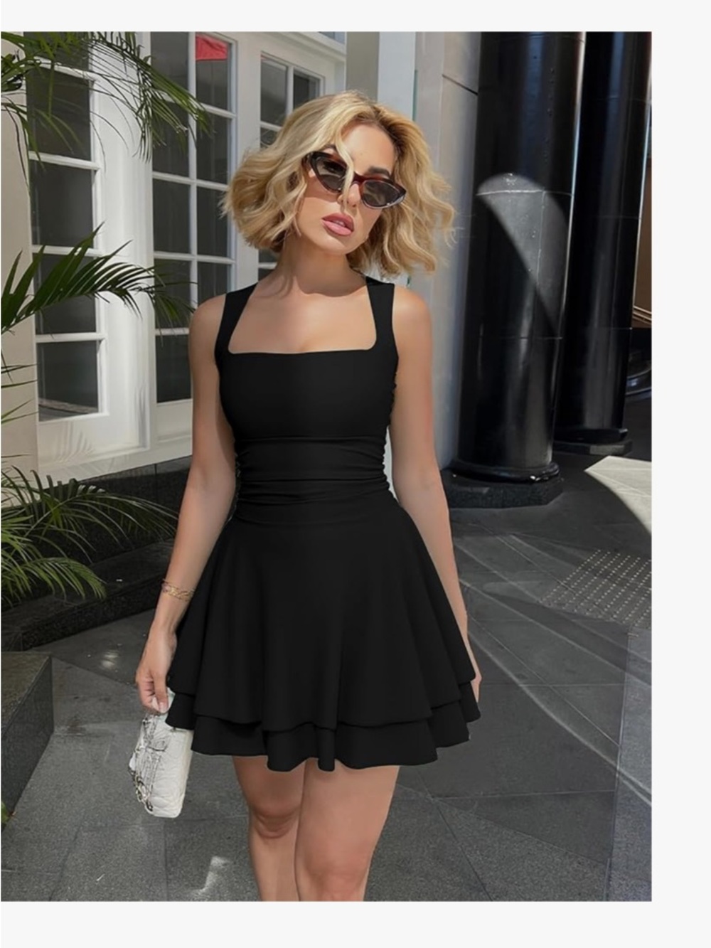 Square-Neck Black Ruffle Hem Mini Dress - Picture 3 of 5